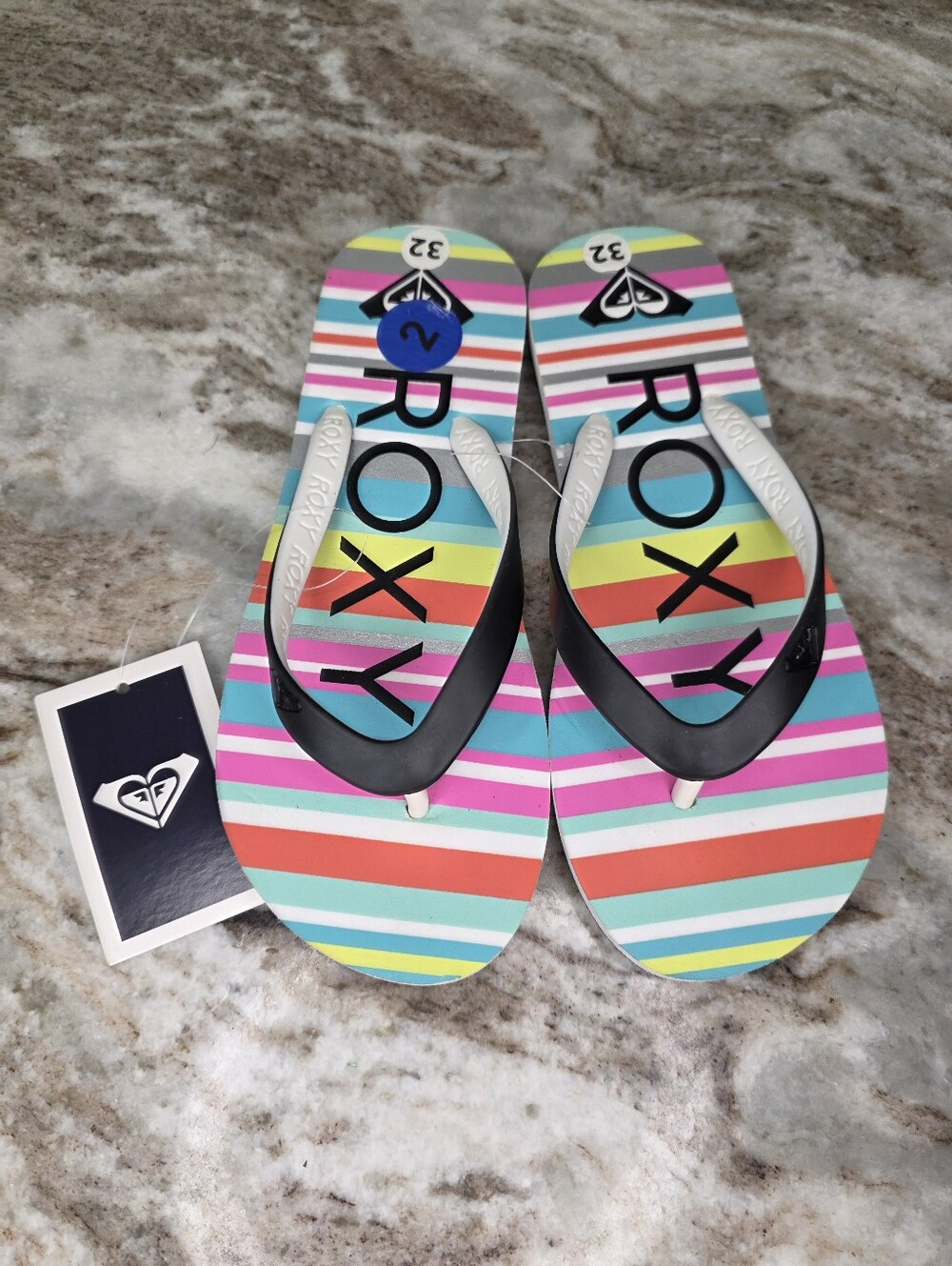 Roxy Girl Tahiti Multi-Color Striped Flip Flops with Black Straps Size 2